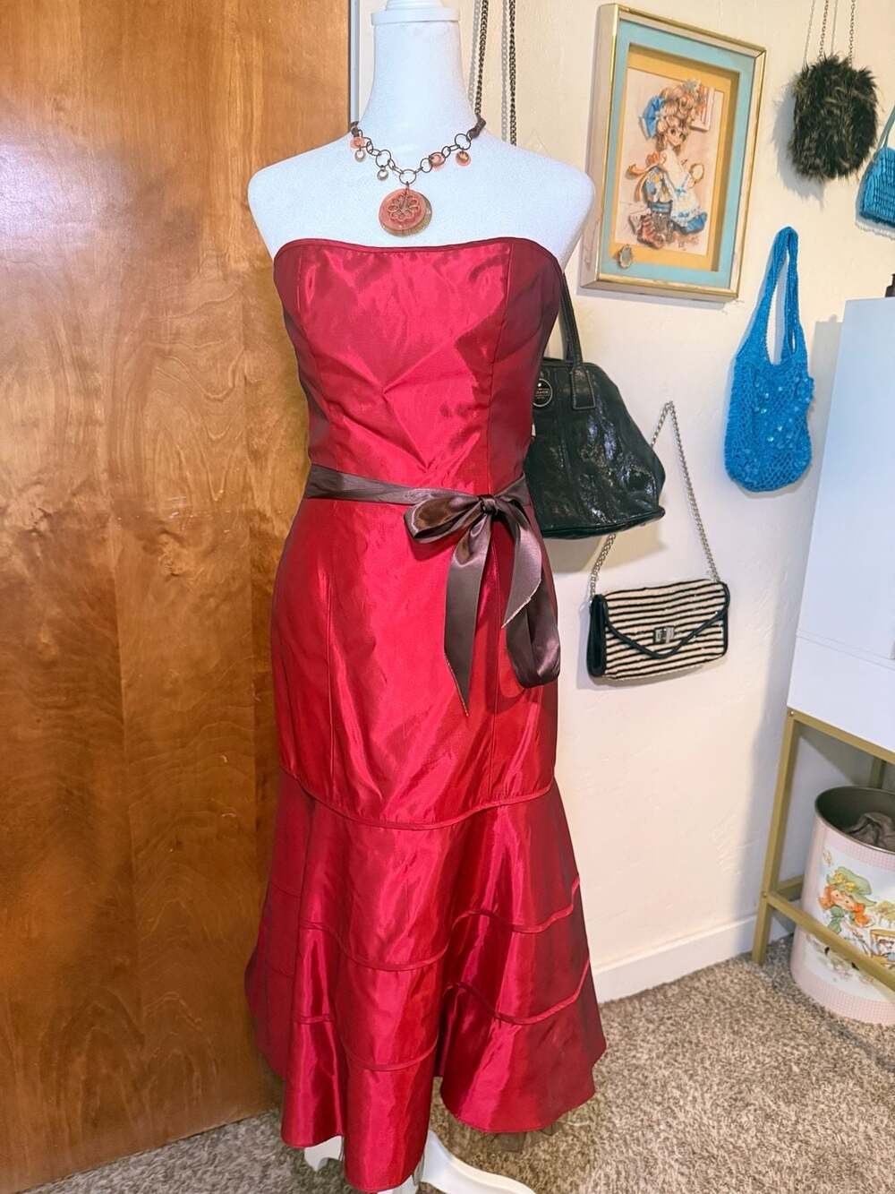 NWT Vintage 90s JIM HJELM Occasions Red Taffeta Strapless Midi Dress